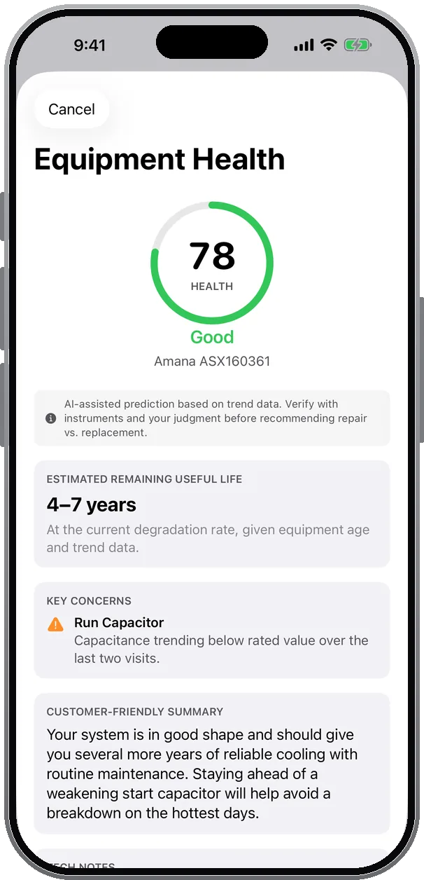 Predict Equipment Health result with a health score, remaining-life range and a recommended action