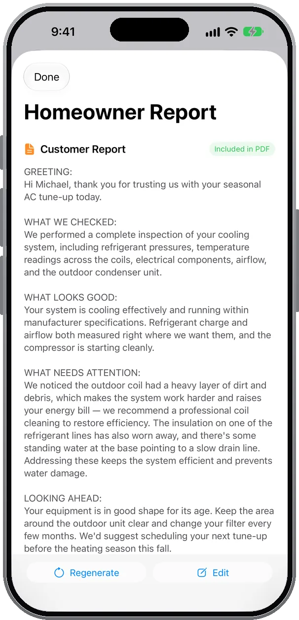 FieldLoom Homeowner Report: a plain-English summary of the visit written for the customer, with Edit and Regenerate buttons
