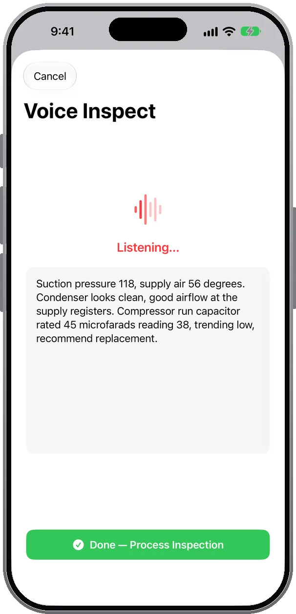 Voice Inspect listening while the technician narrates readings and a capacitor finding